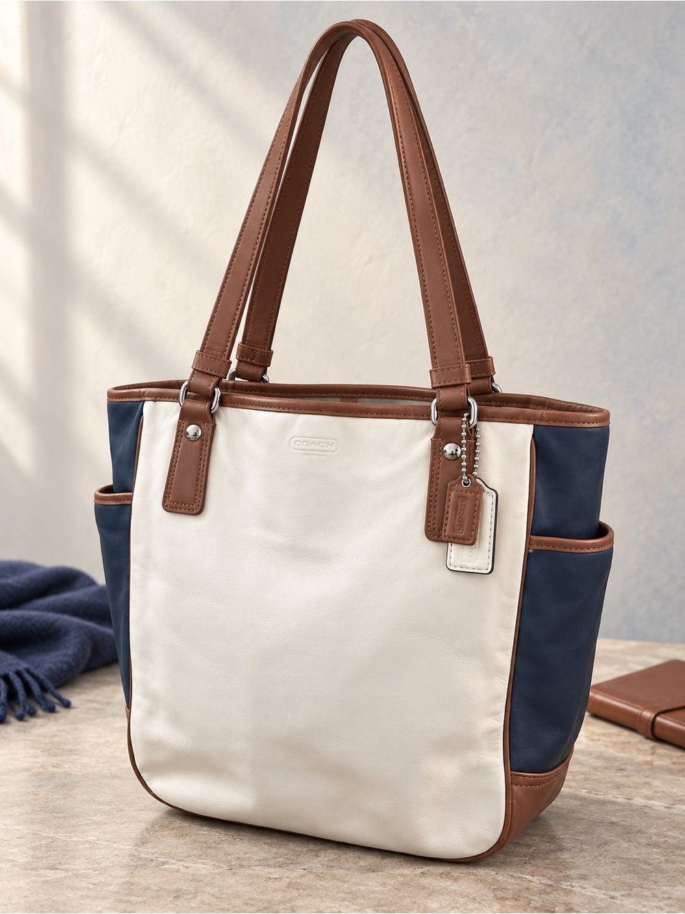 Coach 2012 Park Ivory, Navy & Cognac Leather Tote - Shoulder Bag F23683 Style